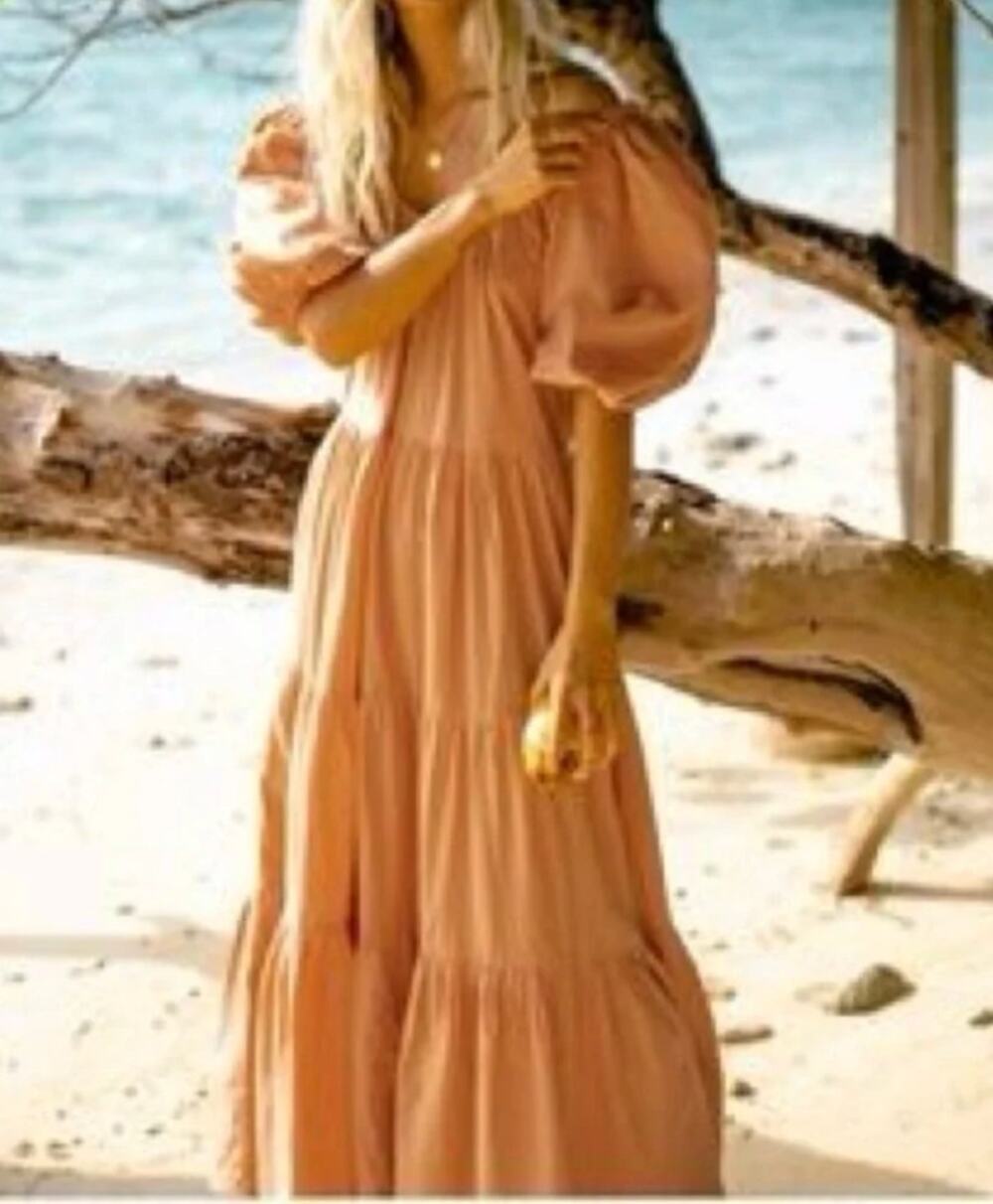 Billabong Endless Shore Puff Short Sleeve Tiered Maxi Dress Orange Peach Small